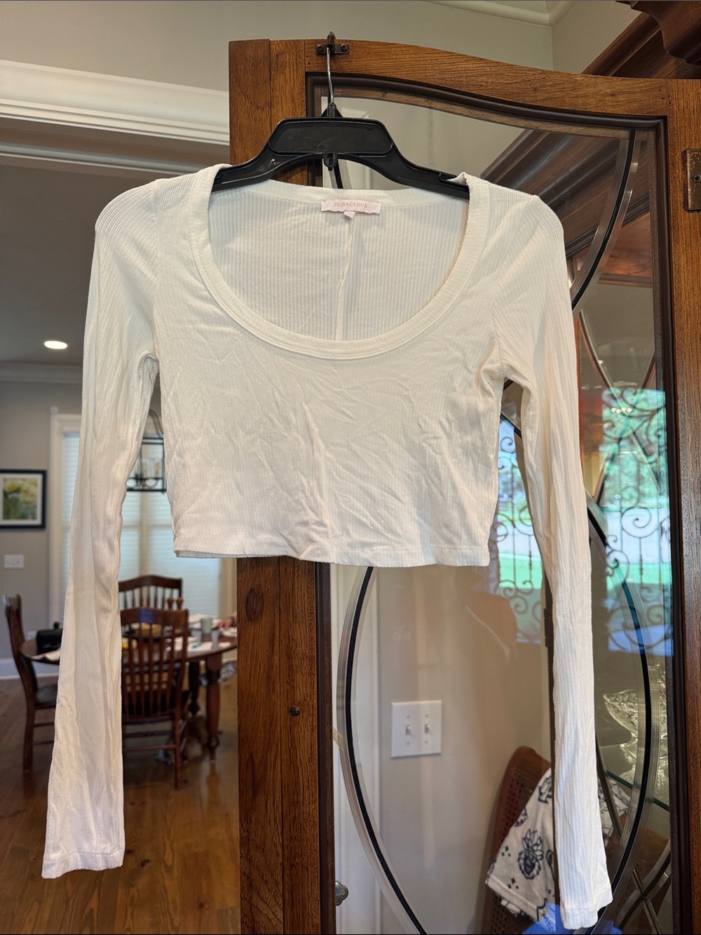 Cotton On Cream Ribbed Scoop-Neck Long Sleeve Crop Top M